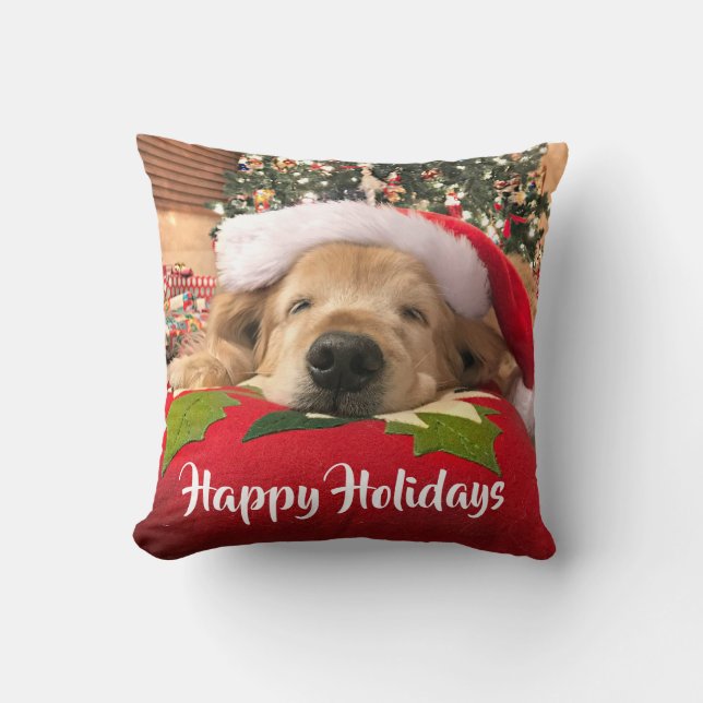Christmas Golden Retriever Dog Asleep Under Tree Cushion (Front)