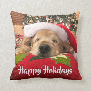 Christmas Golden Retriever Dog Asleep Under Tree Cushion