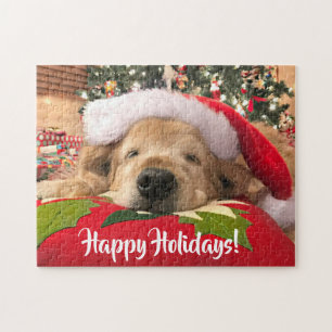 Christmas Golden Retriever Dog Asleep Under Tree Jigsaw Puzzle