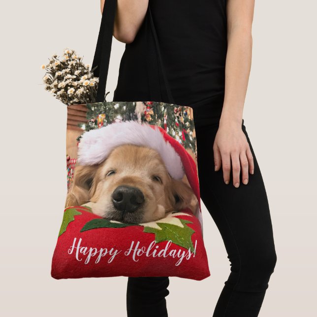 Christmas Golden Retriever Dog Asleep Under Tree Tote Bag (Close Up)