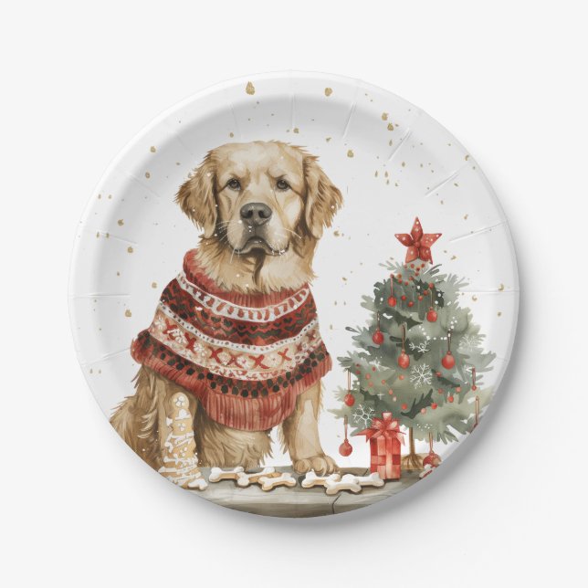 Christmas Golden Retriever Dog Paper Plate (Front)