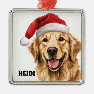 CHRISTMAS GOLDEN RETRIEVER DOG WITH SANTA HAT METAL ORNAMENT