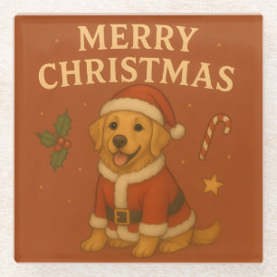 Christmas Golden Retriever Dog Xmas Santa Puppy Glass Coaster