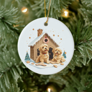 Christmas Golden Retriever Dogs Gingerbread House Ceramic Ornament