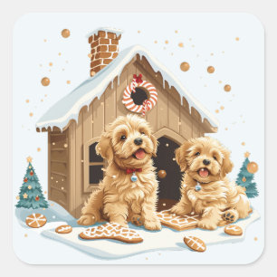Christmas Golden Retriever Dogs Gingerbread House Square Sticker