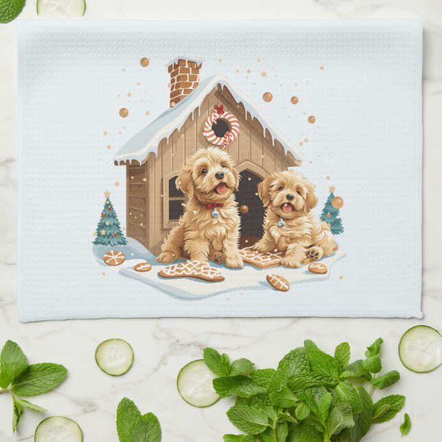 Christmas Golden Retriever Dogs Gingerbread House Tea Towel (Folded)