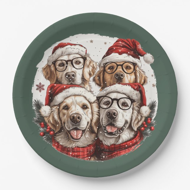 Christmas Golden Retriever Dogs Paper Plate (Front)