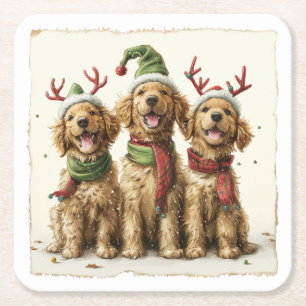 Christmas Golden Retriever Dogs Square Paper Coaster