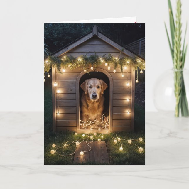 Christmas Golden Retriever In a Doghouse Holiday Card (Front)