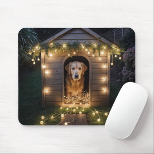 Christmas Golden Retriever In a Doghouse Mouse Pad