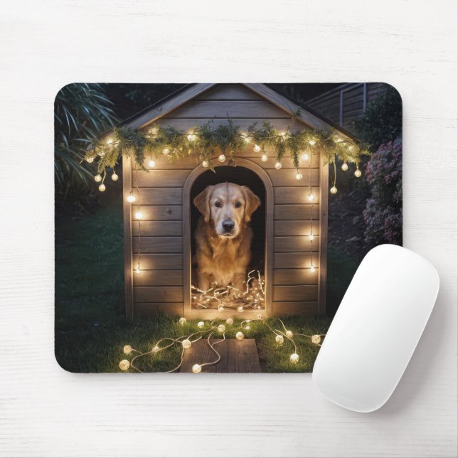 Christmas Golden Retriever In a Doghouse Mouse Pad (With Mouse)