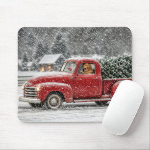 Christmas Golden Retriever in a Retro Pickup Truck Mouse Pad