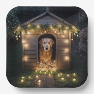 Christmas Golden Retriever In Doghouse Paper Plate