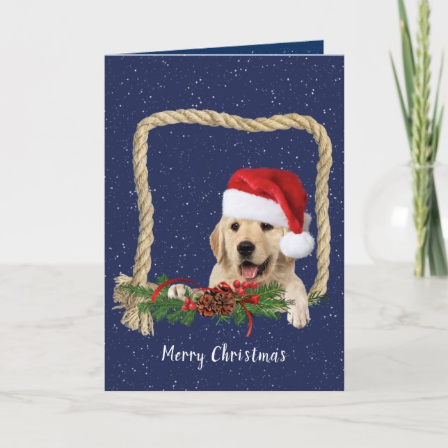 Christmas Golden Retriever in rope frame Holiday Card (Front)