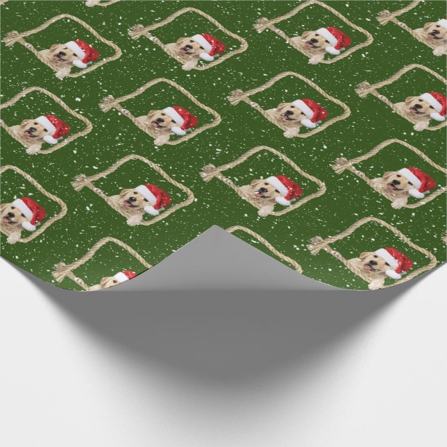 Christmas Golden Retriever in rope frame Wrapping Paper (Corner)