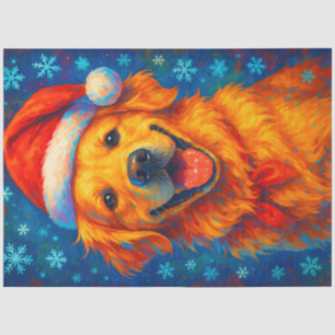 Christmas Golden Retriever in Santa Hat and Snow Tissue Paper
