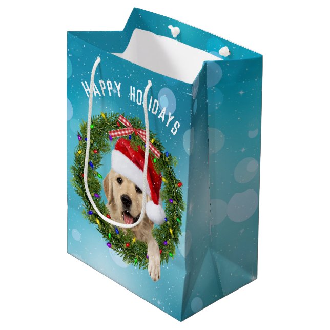 Christmas Golden Retriever on aqua bokeh Medium Gift Bag (Front Angled)