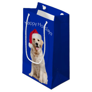 Christmas Golden Retriever On Blue  Small Gift Bag