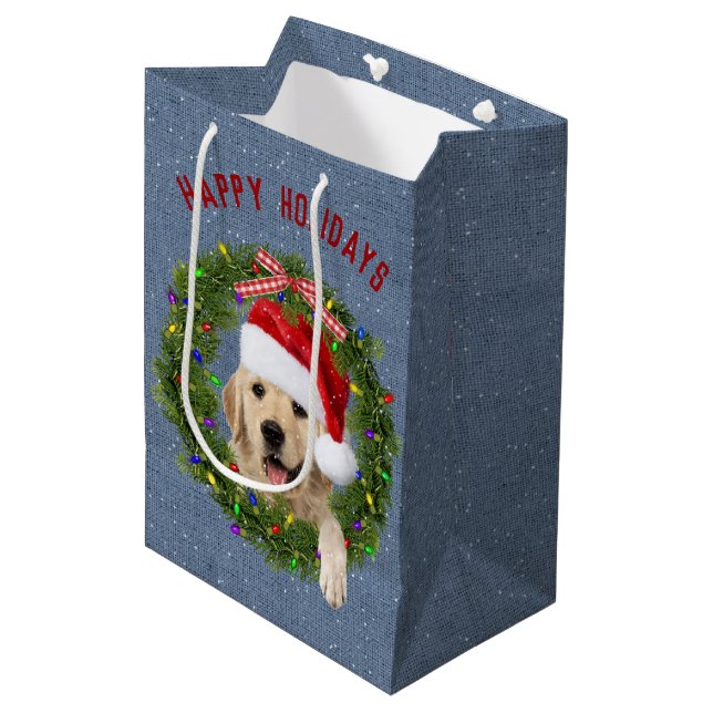 Christmas Golden Retriever on denim Medium Gift Bag (Front Angled)