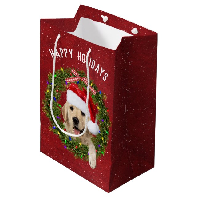 Christmas Golden Retriever on red Medium Gift Bag (Front Angled)