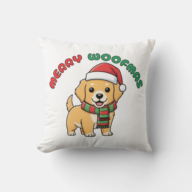 Christmas Golden Retriever Pillow: Merry Woofmas Cushion (Front)