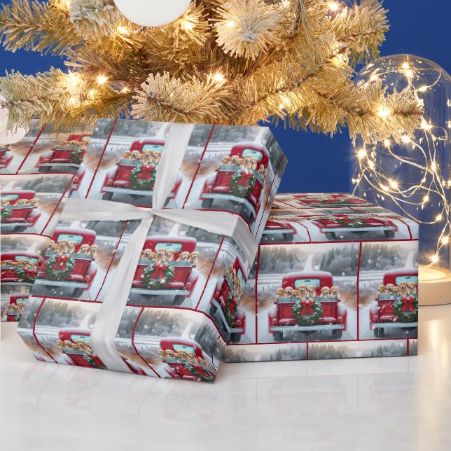 Christmas Golden Retriever Puppies In Retro Truck Wrapping Paper (Holidays)