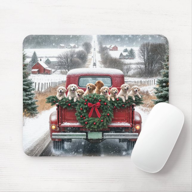 Christmas Golden Retriever Puppies Mouse Pad (With Mouse)