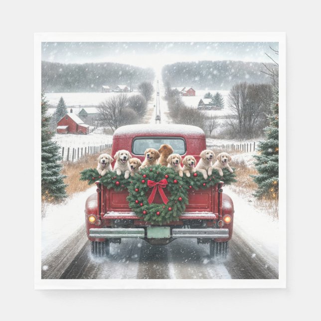 Christmas Golden Retriever Puppies Napkin (Front)