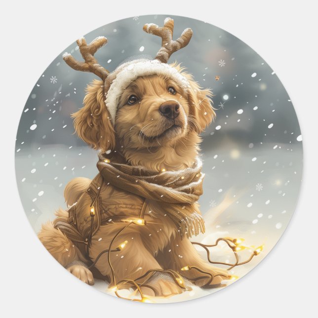 Christmas Golden Retriever Puppy Classic Round Sticker (Front)