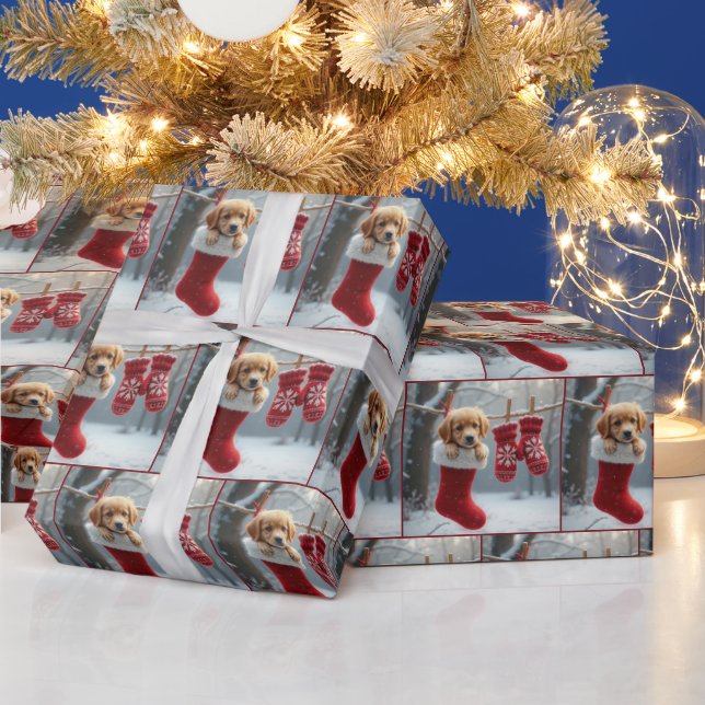 Christmas Golden Retriever Puppy In a Red Stocking Wrapping Paper (Holidays)
