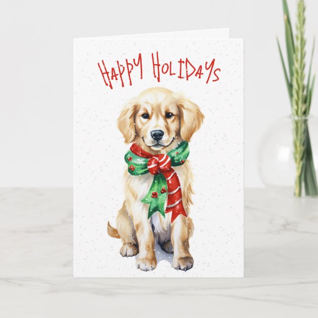 Christmas Golden Retriever Puppy In Snowflakes Holiday Card (Front)