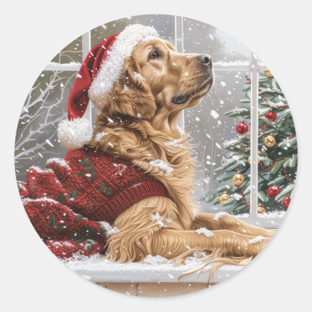 Christmas Golden Retriever Santa Dog Classic Round Sticker (Front)