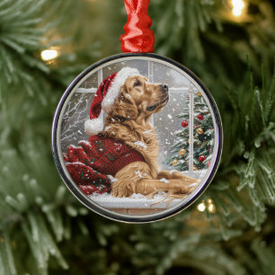 Christmas Golden Retriever Santa Dog Metal Ornament