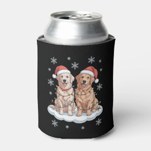 Christmas Golden Retriever Santa Hat Lights Snow Can Cooler