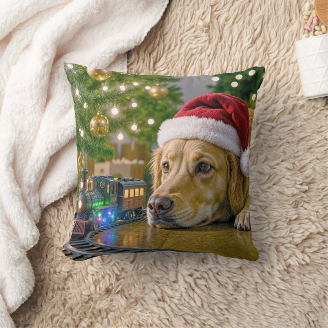 Christmas Golden Retriever Watching a Toy Train Cushion (Blanket)