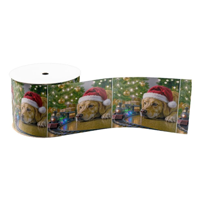 Christmas Golden Retriever Watching a Toy Train Grosgrain Ribbon (Spool)