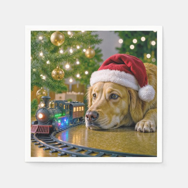 Christmas Golden Retriever Watching a Toy Train Napkin (Front)