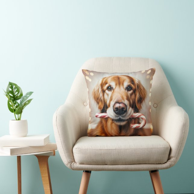 Christmas Golden Retriever With a Candy Cane Cushion (Chair)