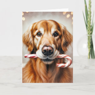 Christmas Golden Retriever With a Candy Cane Holiday Card