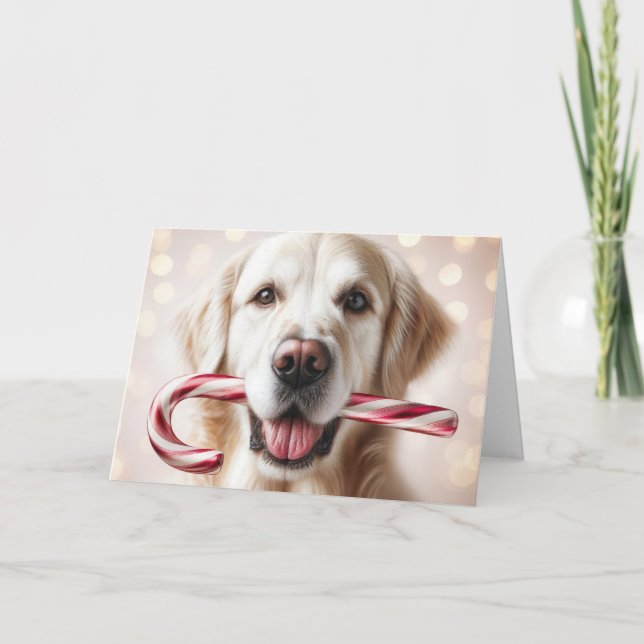 Christmas Golden Retriever With a Candy Cane Holiday Card (Front)