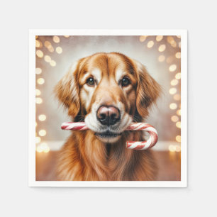 Christmas Golden Retriever With a Candy Cane Napkin