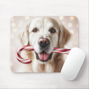 Christmas Golden Retriever With Candy Cane Mouse Pad