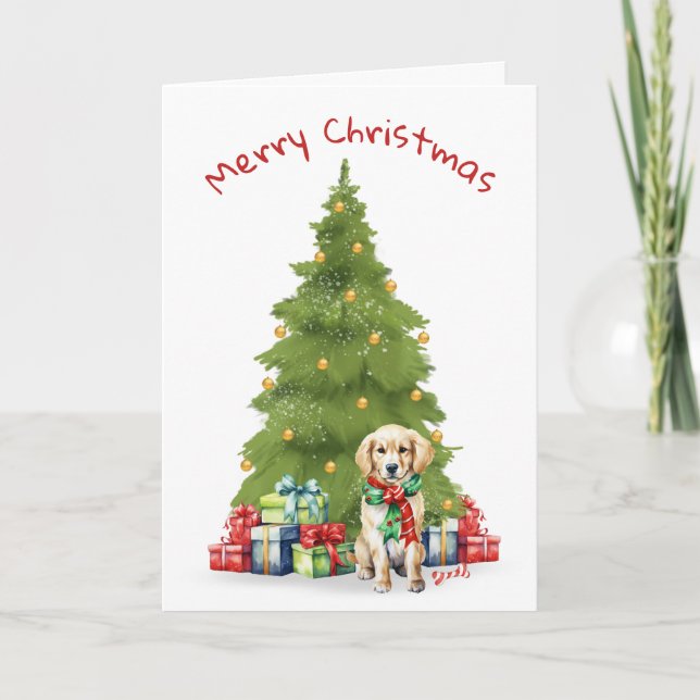 Christmas Golden Retriever With Gifts Holiday Card (Front)