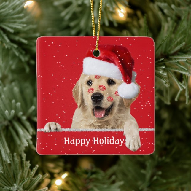 Christmas Golden Retriever With Lipstick Kisses Ceramic Ornament (Tree)