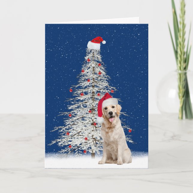 Christmas Golden Retriever with White Tree  Holiday Card (Front)