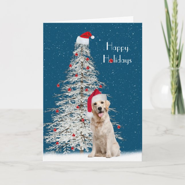 Christmas Golden Retriever with White Tree  Holiday Card (Front)