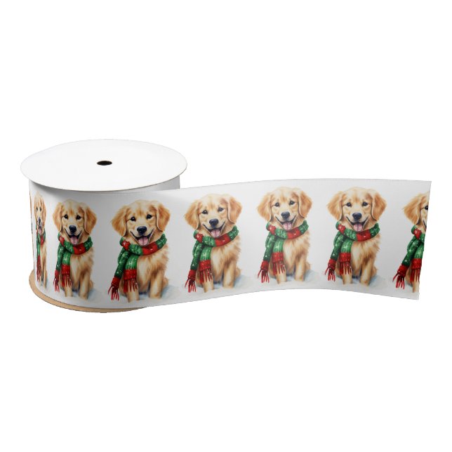 Christmas Golden Retriever With Winter Scarf Satin Ribbon (Spool)
