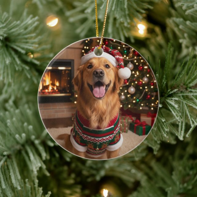 Christmas Golden Retriver Dog Custom Pet Photo Ceramic Ornament (Tree)