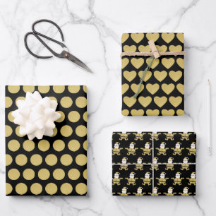Christmas Golden Santa Dots And Hearts Wrapping Paper Sheet