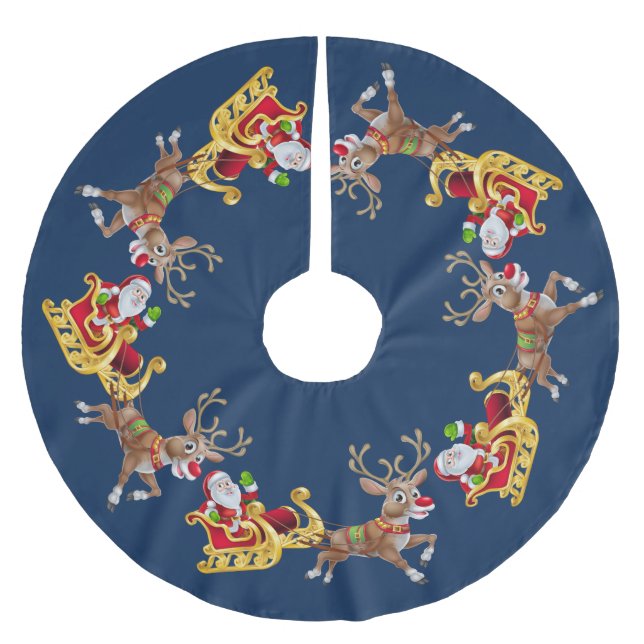 Christmas Golden Santa Sleigh Reindeer Navy Brushed Polyester Tree Skirt (Front)